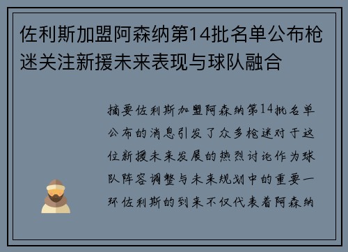 佐利斯加盟阿森纳第14批名单公布枪迷关注新援未来表现与球队融合